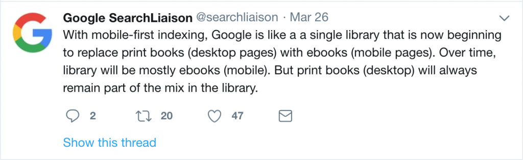 Google Mobile First Indexing Tweet (1)