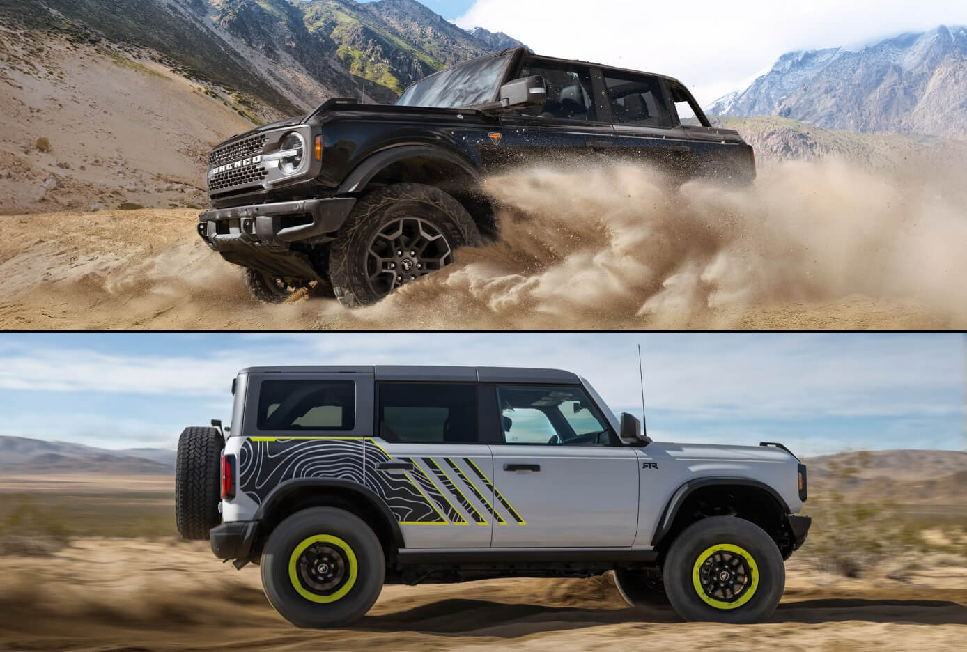 A black Ford bronco kicks up dust on a sandy clearing. A gray Ford Bronco drives in a desert field.