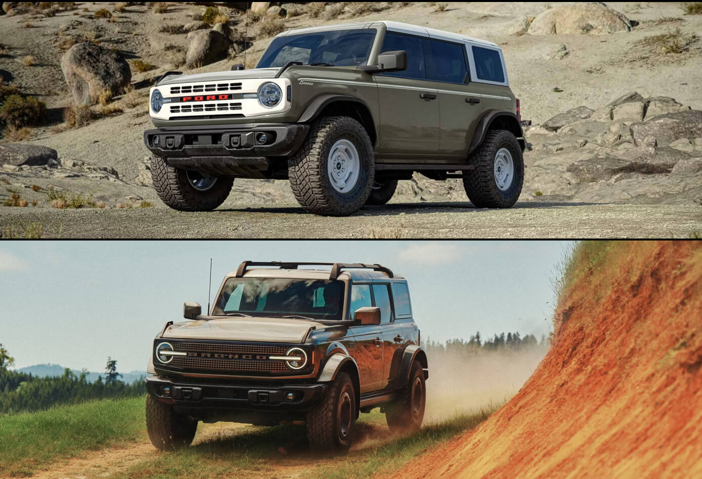 A gray Ford Bronco parked in a rocky clearing. A gray Ford Bronco drives down a dirt road.
