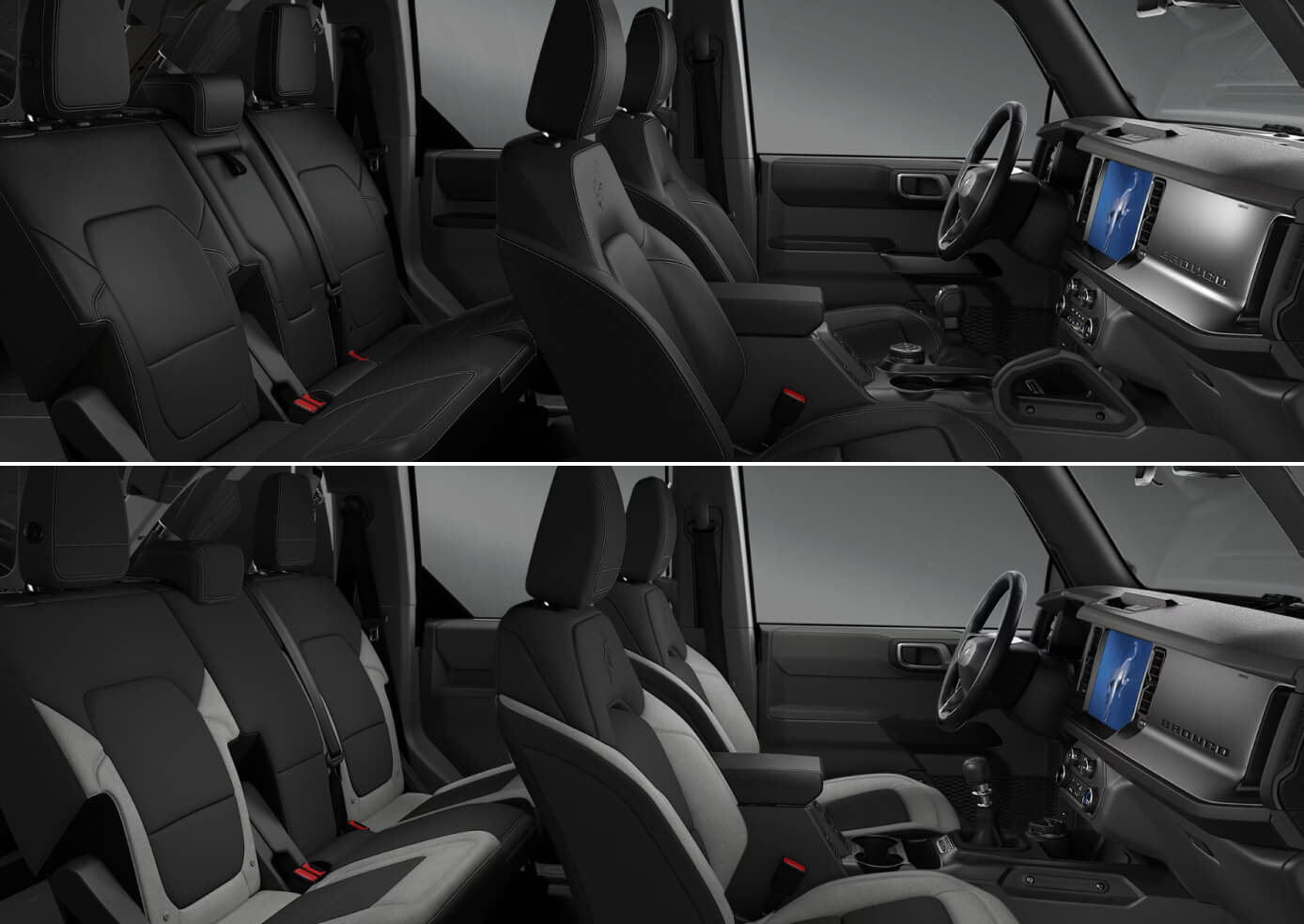 Two Ford Bronco interiors, one in all black and the other in black and gray.