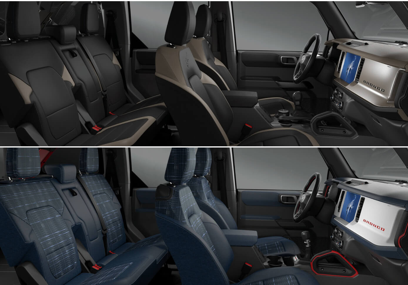 Two Ford Bronco interiors, one black and light brown and the other in a blue plaid pattern.