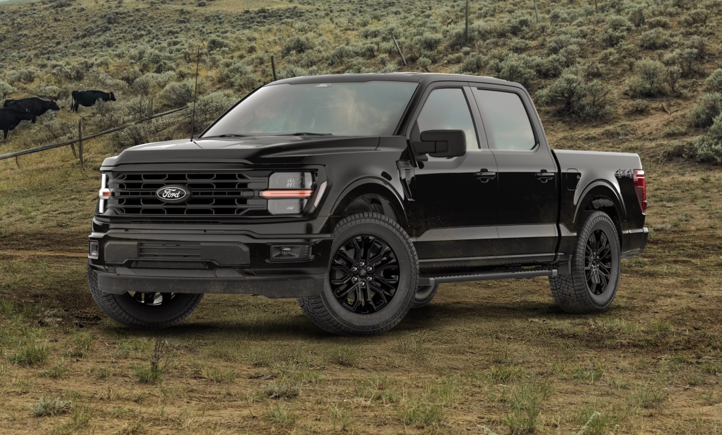 Black Ford F-150 PowerBoost parked on rugged terrain with grazing cattle in the background, highlighting the truck's capability in outdoor.
