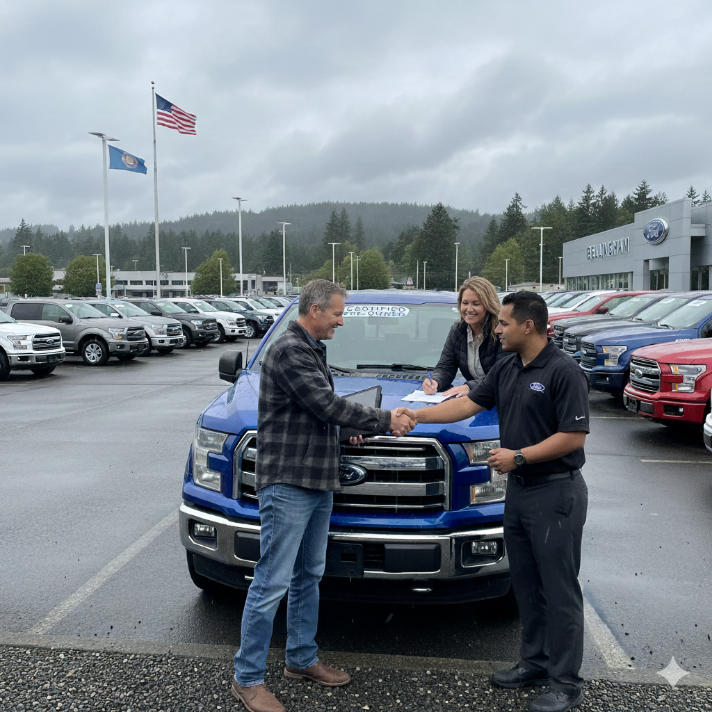 A couple happily buying a used truck at a dealership in Bellingham, Washington.