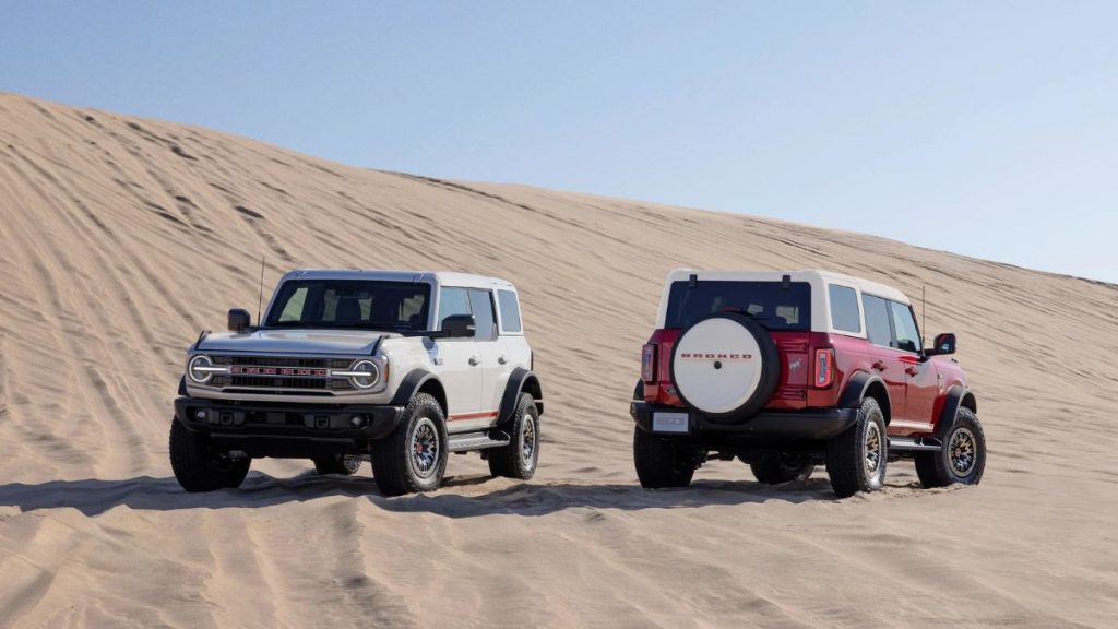 White and Red 2026 Ford Bronco 60th Anniversary Package Models in Desert