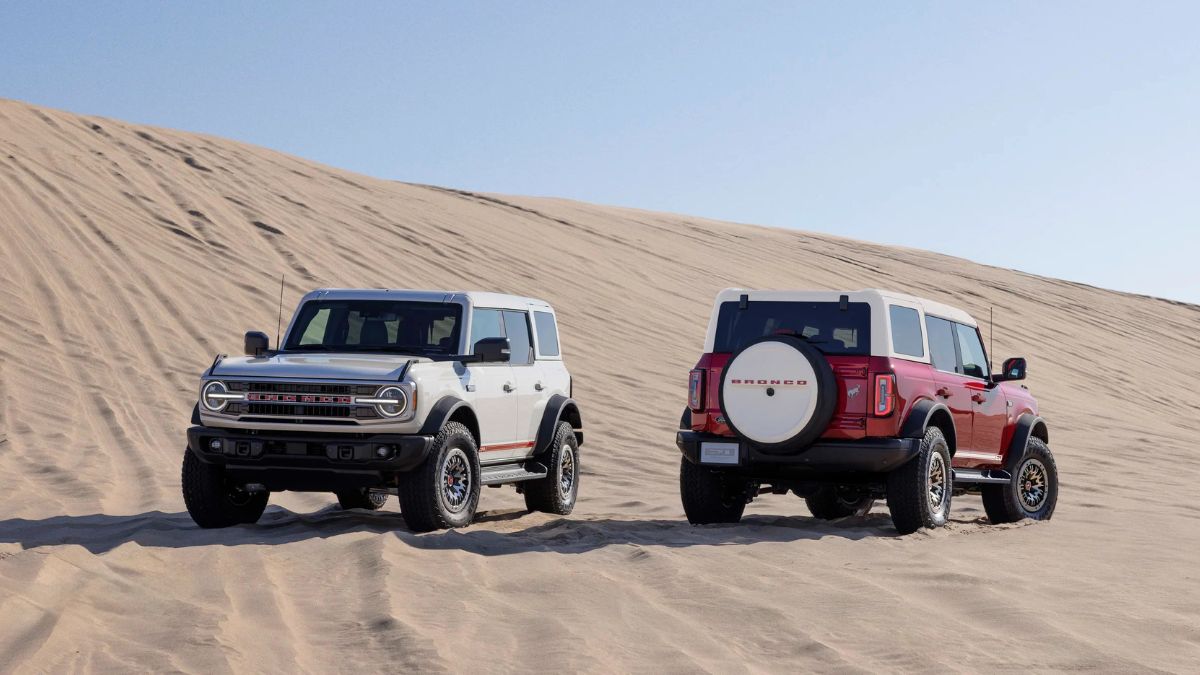 White and Red 2026 Ford Bronco 60th Anniversary Package Models in Desert