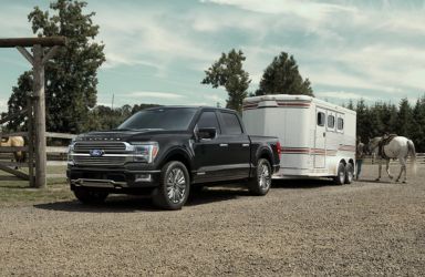 Black 2026 Ford F-150 Towing a Horse Trailer