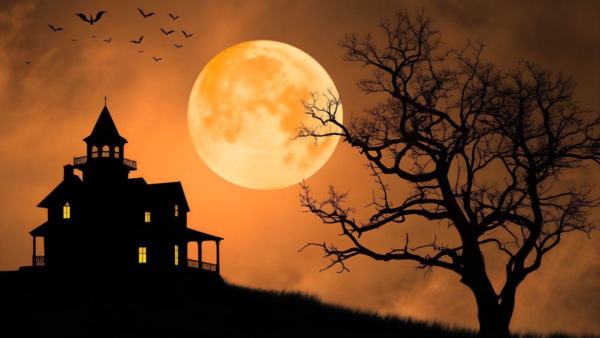Creepy House and Trees in Front of Orange Harvest Moon