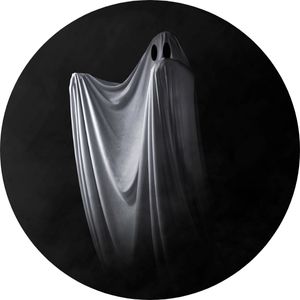 Person in White Ghost Costume on Black Background