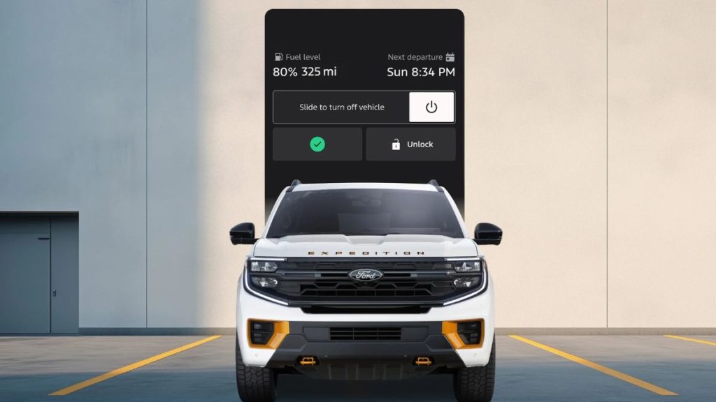 White Ford Expedition with Smartphone and Mobile App Graphic Behind
