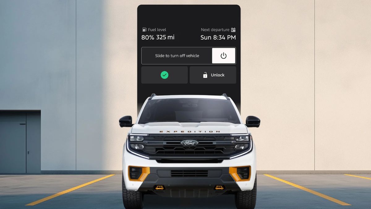 White Ford Expedition with Smartphone and Mobile App Graphic Behind