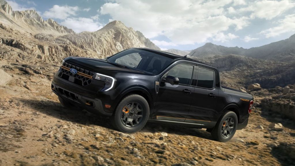 Black 2026 Ford Maverick Tremor on Mountain Trail