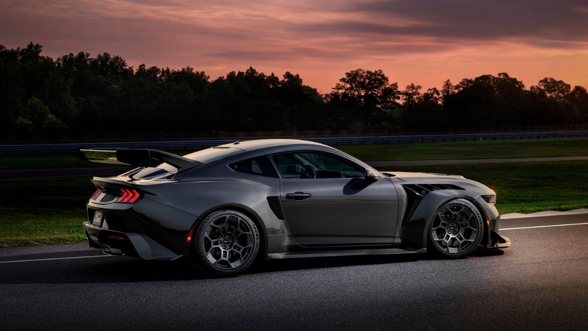 Gray Ford Mustang GTD Liquid Carbon on a Track at Sunset