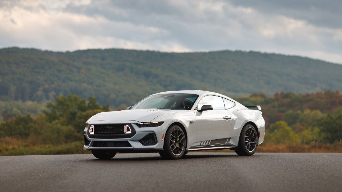 White 2026 Ford Mustang RTR on a Track