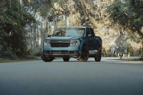 Truck parked on road in forest