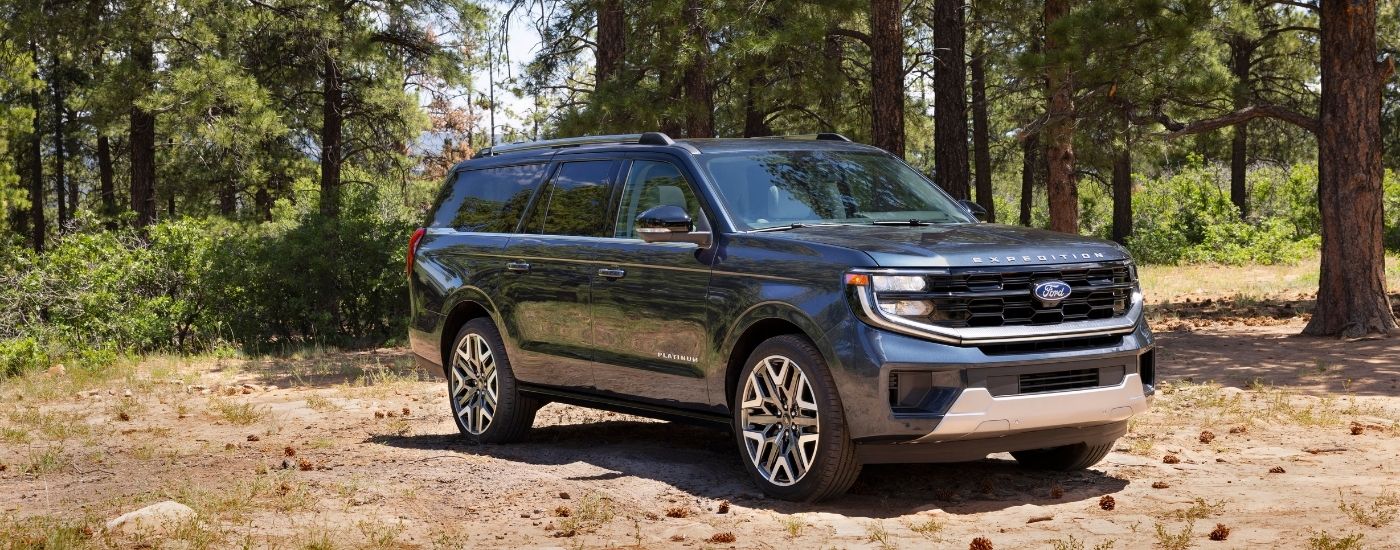 A blue 2025 Ford Expedition from the front at an angle.