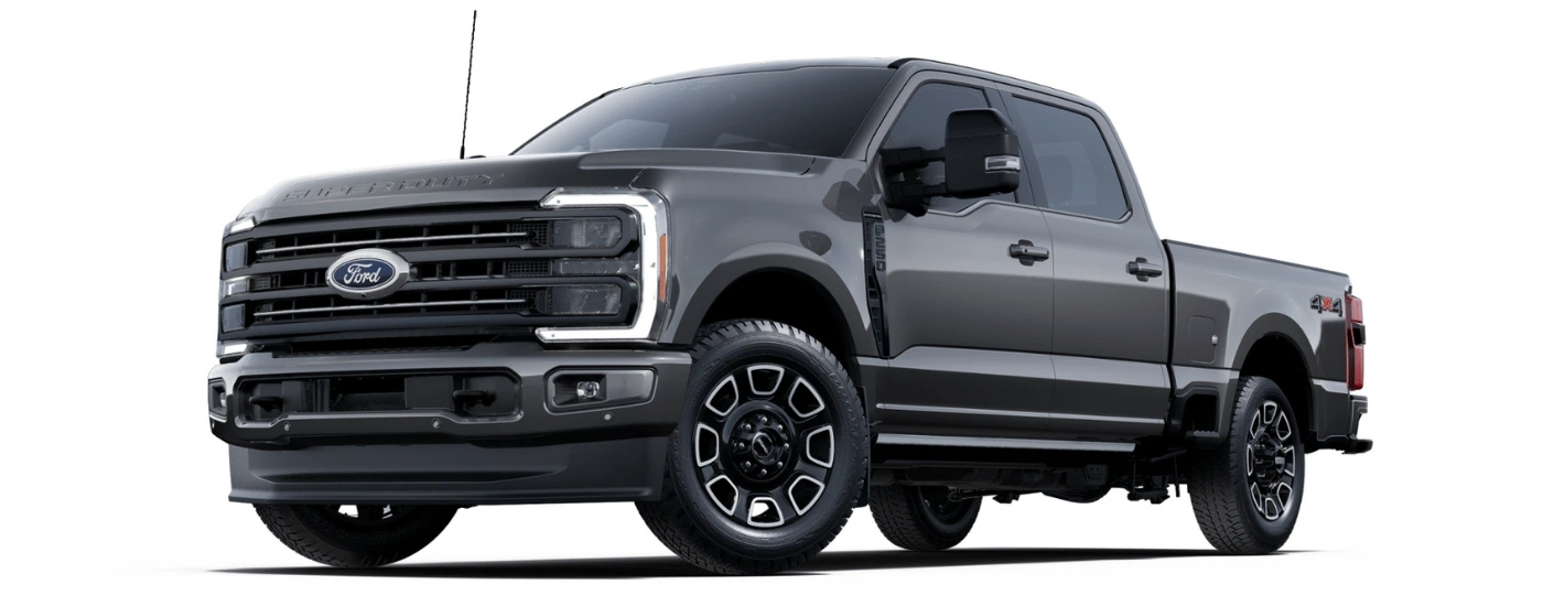 A grey 2025 Ford F-250 Platinum angled left.
