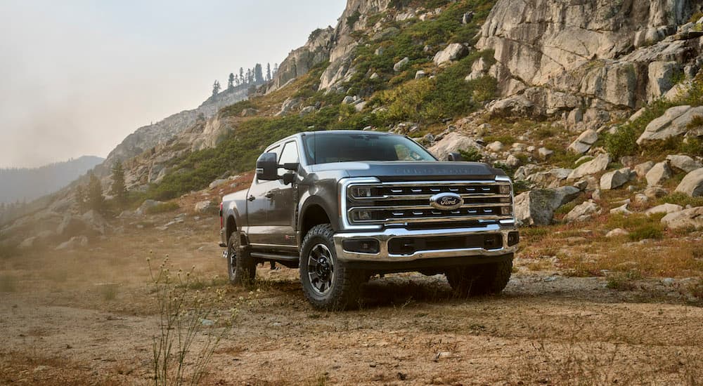 A grey 2025 Ford F-250 from the front at an angle.