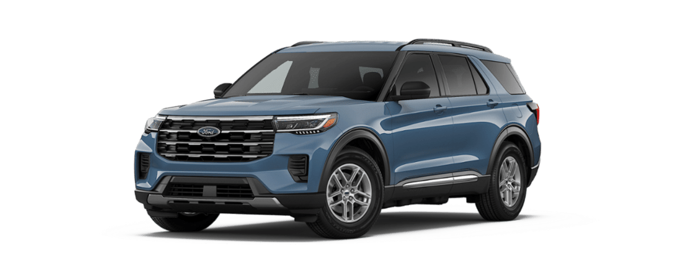 Blue 2026 Ford Explorer angled left