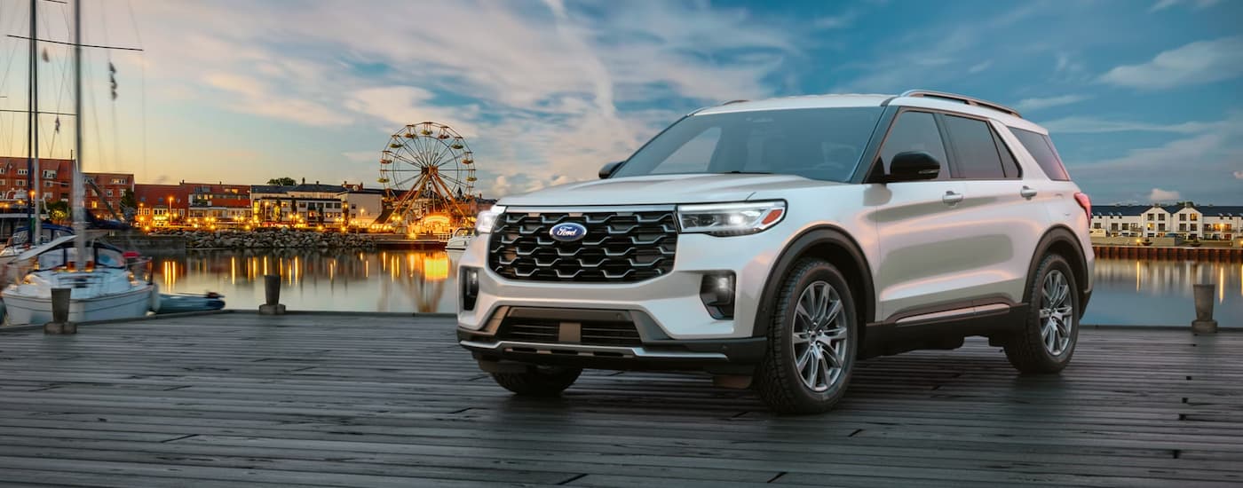 White 2026 Ford Explorer parked on a boardwalk