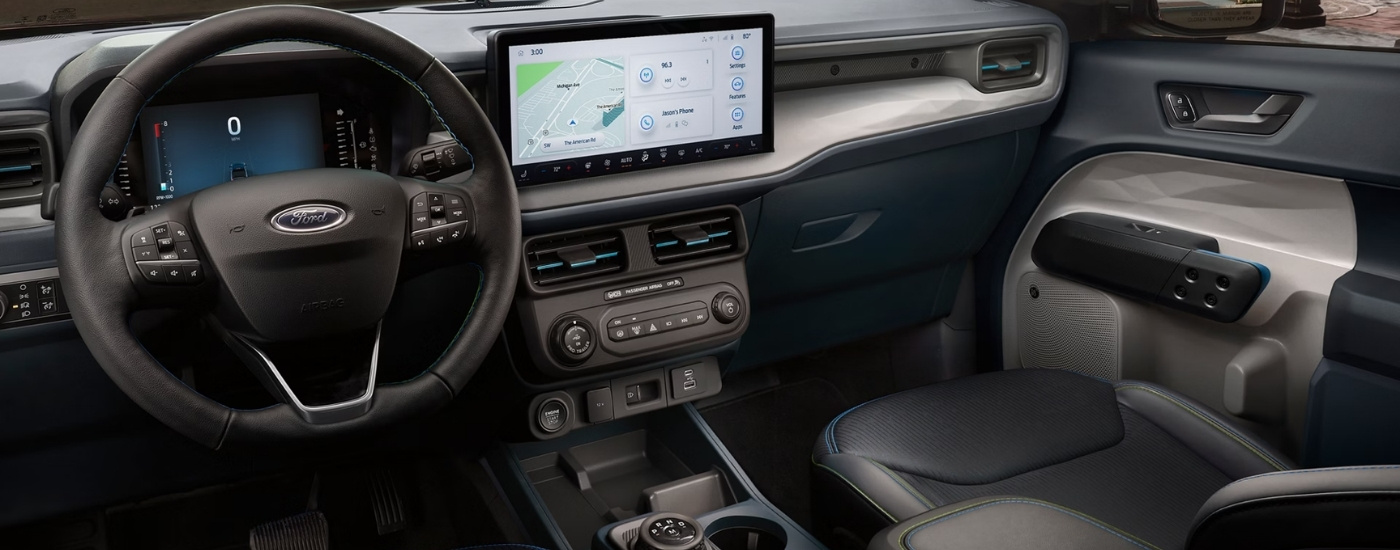 Black interior and infotainment screen in a 2026 Ford Maverick