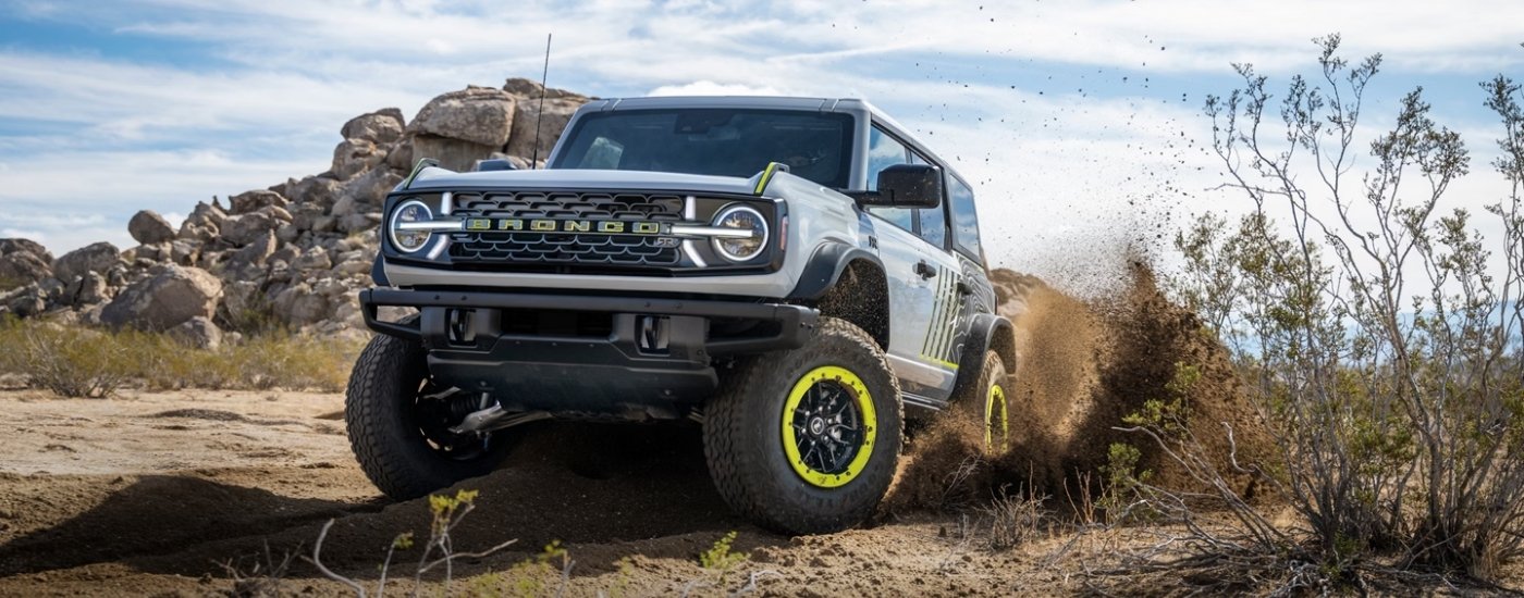 Silver 2027 Ford Bronco RTR kicking up dust