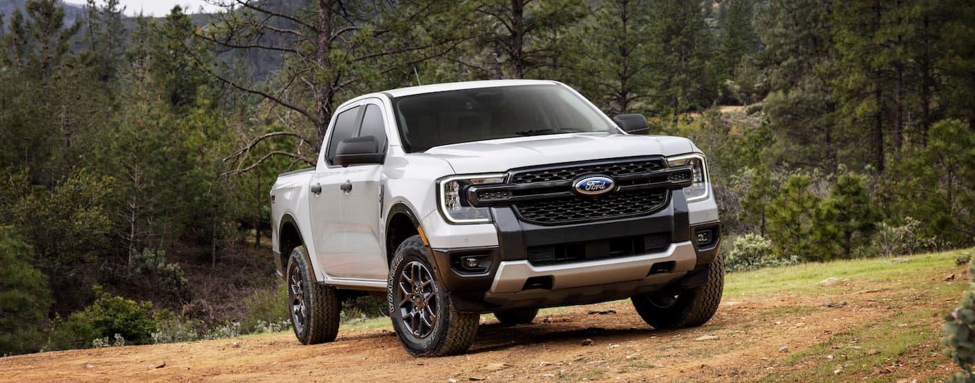 A white 2025 Ford Ranger from the front at an angle after leaving a Ford dealer near me.
