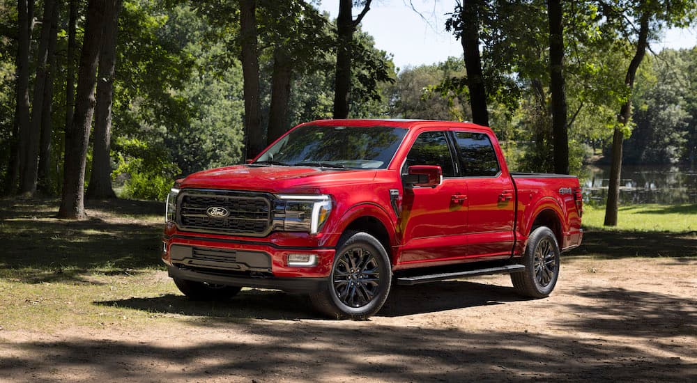 A red 2025 Ford F-150 from the front at an angle.