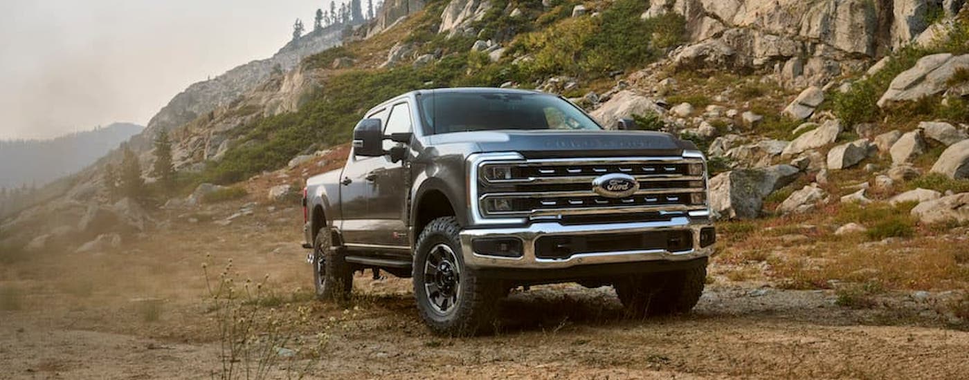 A grey 2025 Ford F 250 from the front.