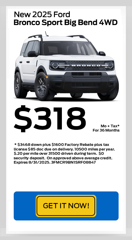August 2025 Bronco Sport Big Bend 4wd Lease Special