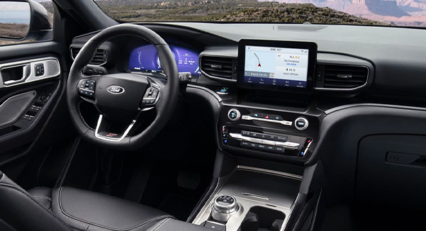 Interior view of the 2021 ford explorer ST leather seating surfaces with micro perforation and accent stitching