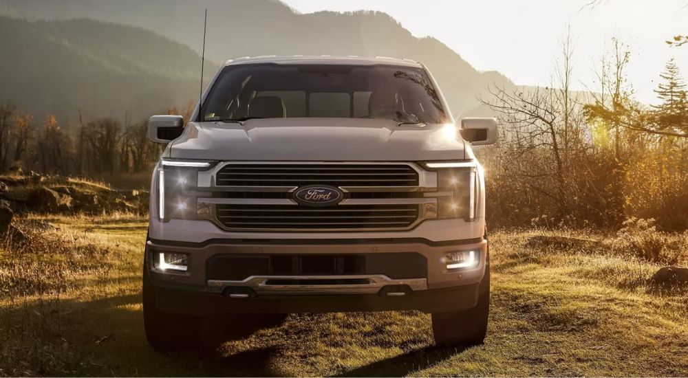 A white 2024 Ford F-150 King Ranch parked off-road