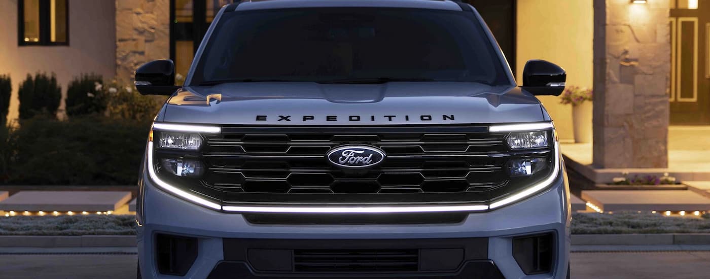 Close up of the front of a parked grey 2025 Ford Expedition.