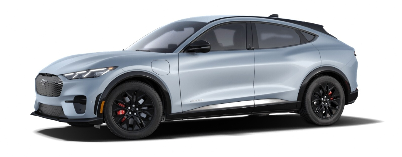 A silver 2025 Ford Mustang Mach-E Premium Sport Appearance angled left.