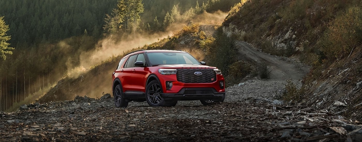 Red 2026 Ford Explorer ST parked off-road