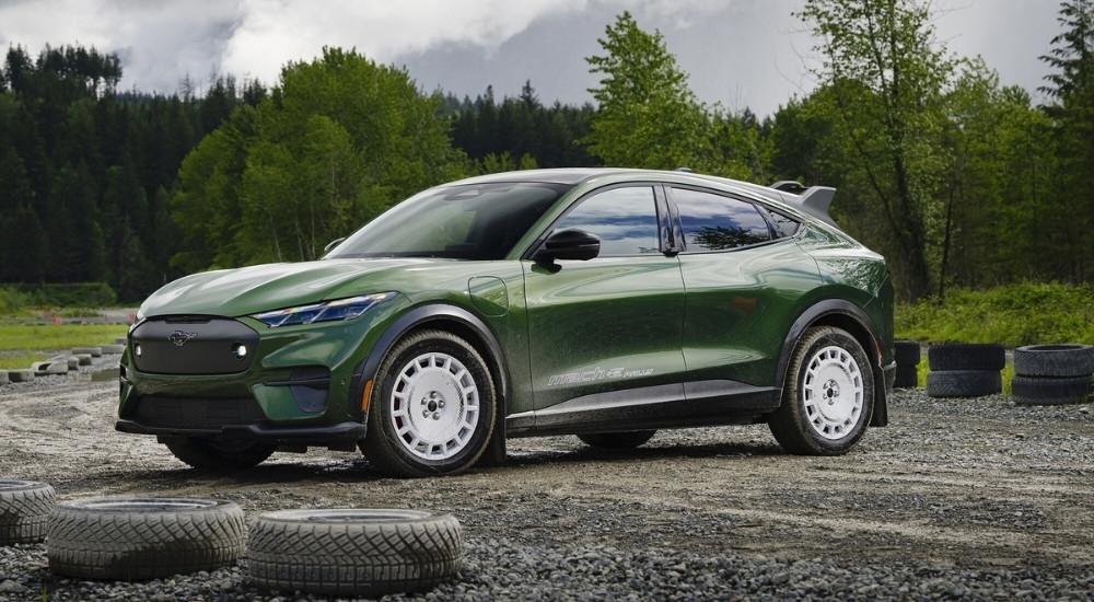 Green 2024 Ford Mustang Mach-E Rally on a track after leaving a Sacramento Ford dealer