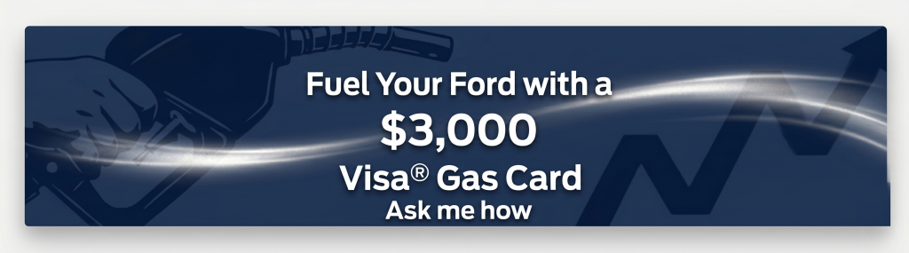 "A promotional banner with a dark navy blue background featuring a ghosted graphic of a hand holding a fuel nozzle and an upward-trending arrow. The text reads 'Fuel Your Ford with a $3,000 Visa® Gas Card' in bold white lettering, with the call-to-action 'Ask me how' at the bottom. A glowing white light streak animates across the center of the banner."