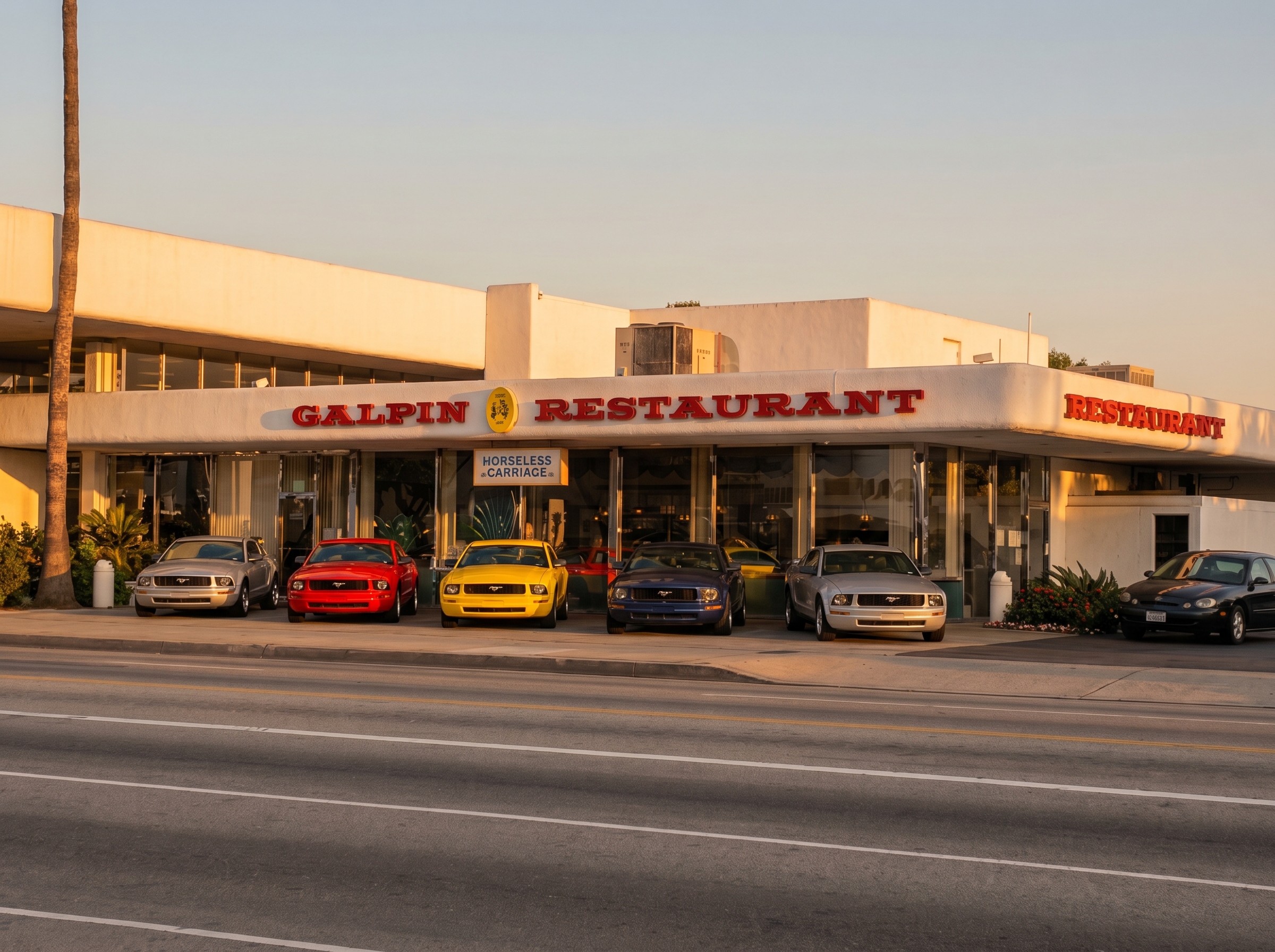Horseless Carriage Restaurant lineup at golden hour inside Galpin Ford