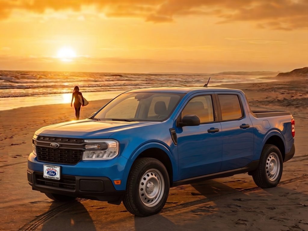 Galpin Ford Maverick On The Beach With Surfer In The Background At Sunset.