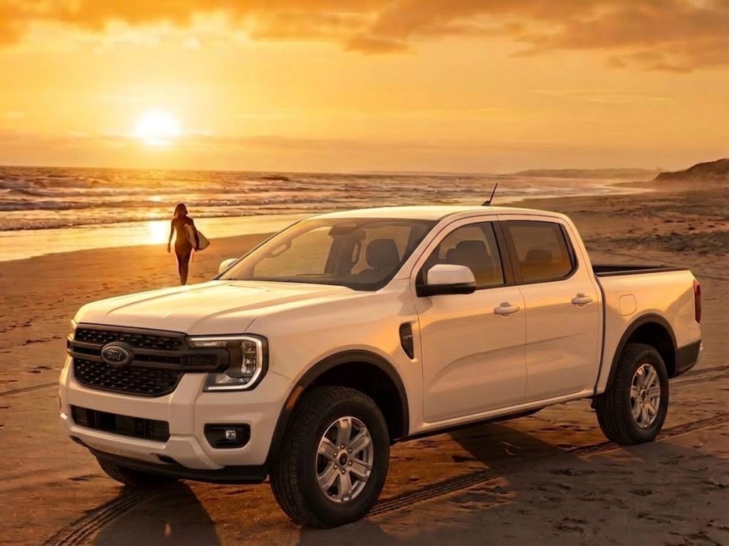 A white Ford Ranger STX pickup truck positioned on a sandy beach during sunset, illuminated by warm golden sunlight. In the background, calm ocean waves lap against the shore, and a silhouetted surfer carrying a surfboard walks toward the water.