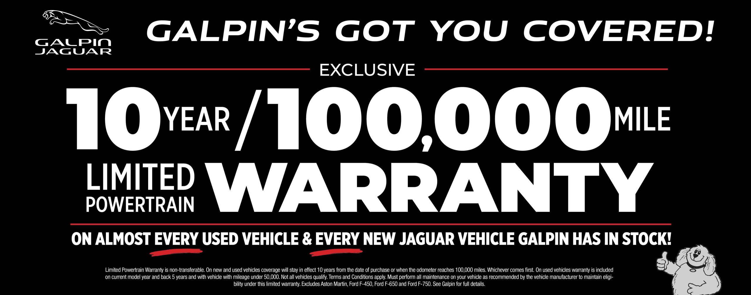 Wide layout banner for Galpin Jaguar highlighting 10-Year / 100,000-Mile Limited Powertrain Warranty and selection of Jaguar vehicles.