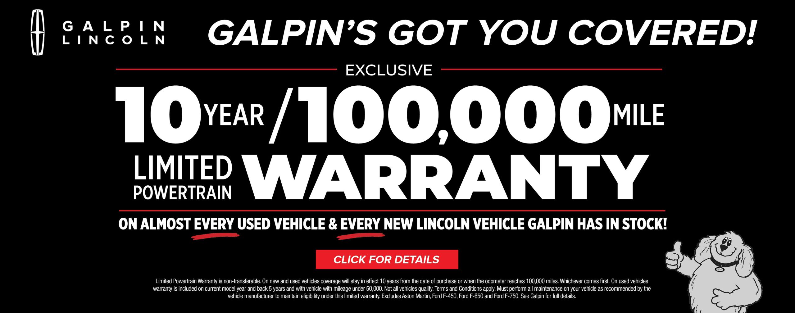 Galpin Lincoln warranty banner with 10-year/100,000-mile limited powertrain coverage offer