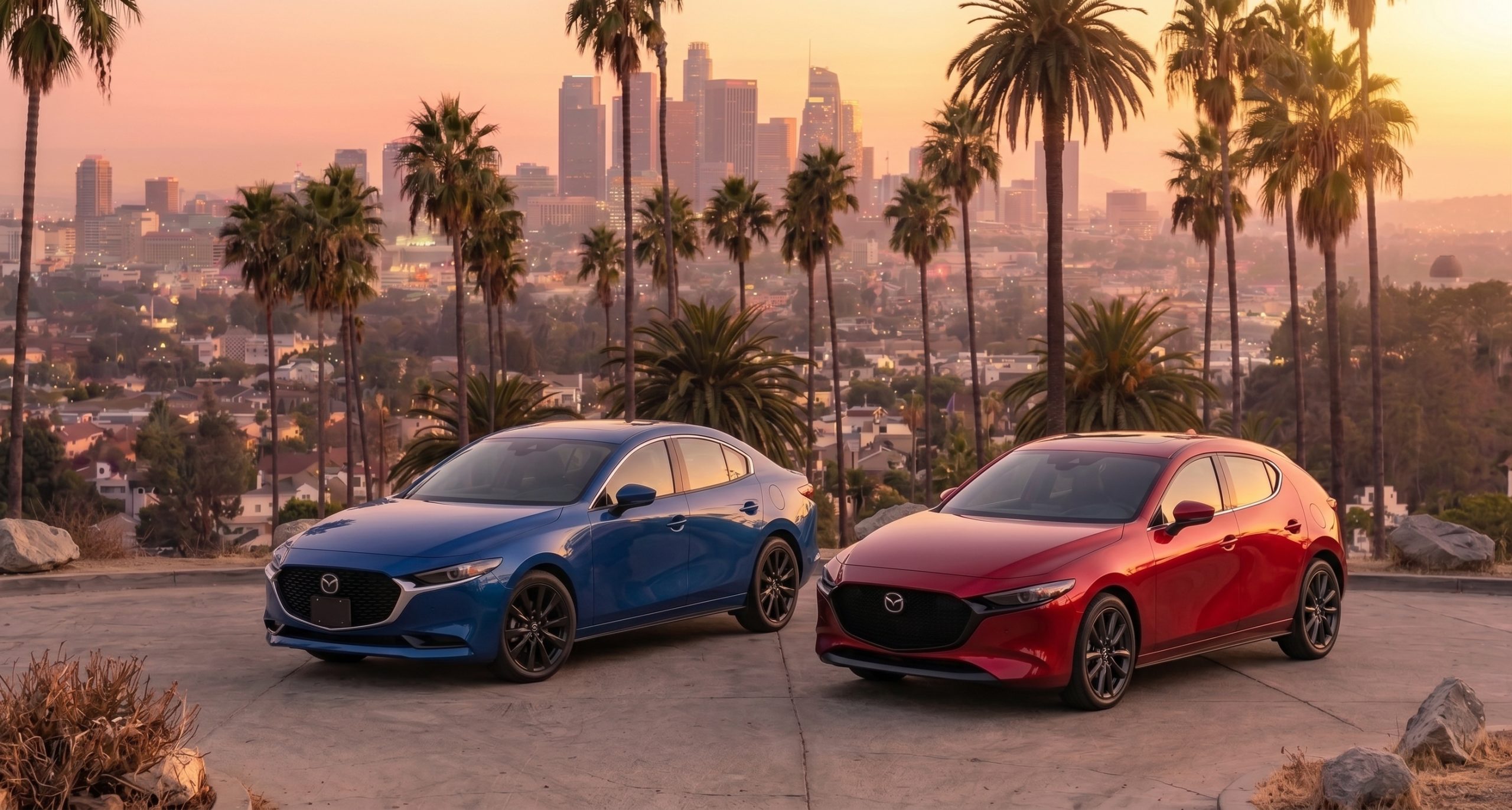 A photograph taken at sunset shows a blue Mazda3 sedan and a red Mazda3 hatchback parked on a paved viewpoint. Tall palm trees frame an expansive view of the Los Angeles skyline in the background under a warm, golden-pink sky.