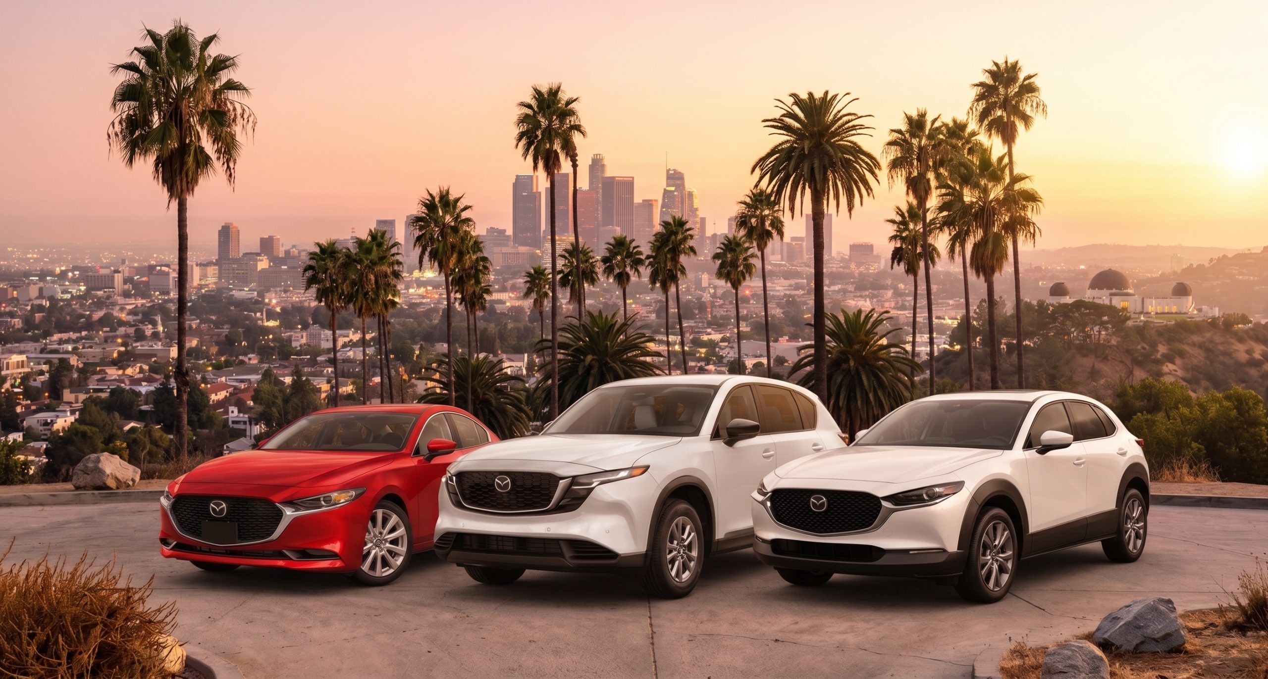 Three Mazda vehicles parked side-by-side on an elevated overlook with the Los Angeles skyline at sunset in the background. From left to right: a red Mazda3 sedan, a white Mazda CX-50 crossover, and a white Mazda CX-30 crossover. The scene features palm trees, the downtown LA skyline, and the Griffith Observatory under a warm, golden sky.