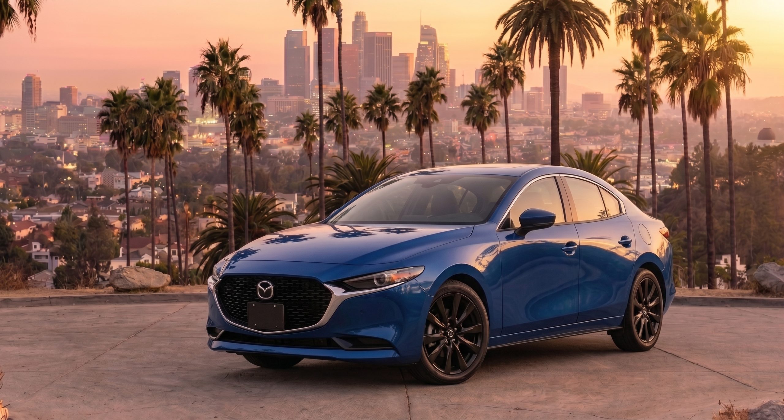 A dark blue Mazda3 sedan parked on a concrete overlook, prominently filling the foreground. In the background, palm trees frame a sweeping view of the downtown Los Angeles skyline and the Griffith Observatory under a warm, golden-pink sunset sky.