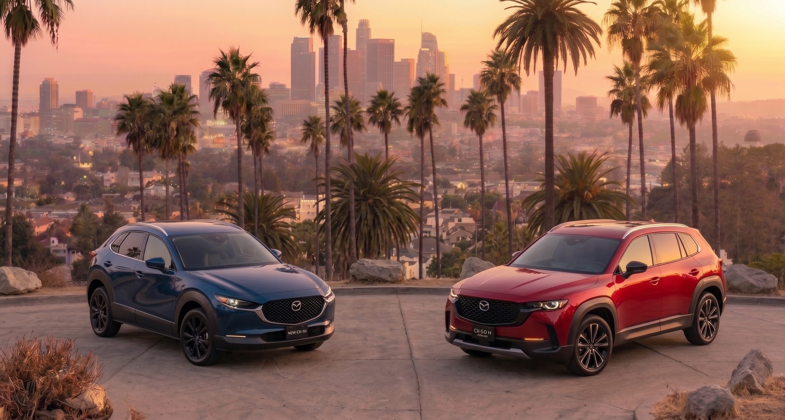 Two Mazda SUVs, one dark blue CX-30 and one red CX-5, are parked facing forward on a paved overlook in the hills above Los Angeles at sunset. Palm trees are in the foreground and middle ground, framing the downtown LA skyline and the distant Griffith Observatory. The sky is a warm gradient of orange, pink, and yellow.