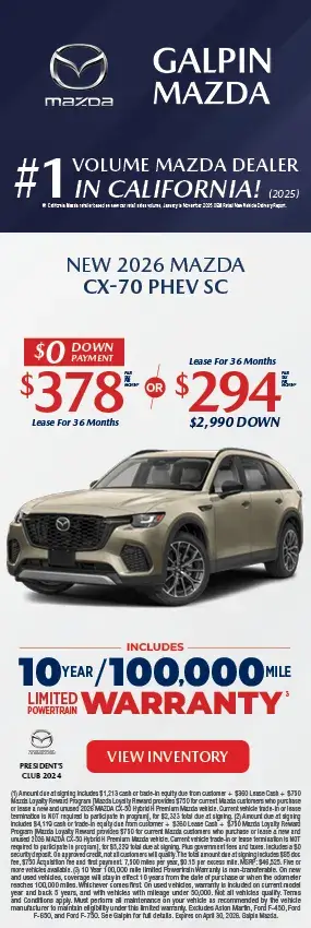 A vertical promotional banner for Galpin Mazda, California’s #1 Volume Mazda Dealer (2025). The ad features a silver 2026 Mazda3 Hatchback 2.5 S. It presents two 36-month lease options: $319 per month with $0 down payment, or $235 per month with $2,990 down. The graphic includes a "View Inventory" button and highlights an included 10-year/100,000-mile limited powertrain warranty. Fine print at the bottom details the lease terms and specifies an expiration date of April 30, 2026.