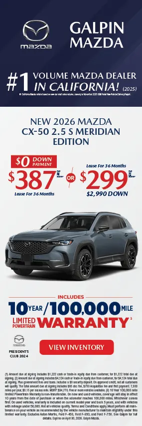 A vertical promotional banner for Galpin Mazda, California’s #1 Volume Mazda Dealer (2025). The ad features a grey 2026 Mazda CX-50 2.5 S Meridian Edition. It highlights two 36-month lease options: $387 per month with $0 down payment, or $299 per month with $2,990 down. The graphic includes a "View Inventory" button and promotes an included 10-year/100,000-mile limited powertrain warranty. Fine print at the bottom details the lease terms and an expiration date of April 30, 2026.
