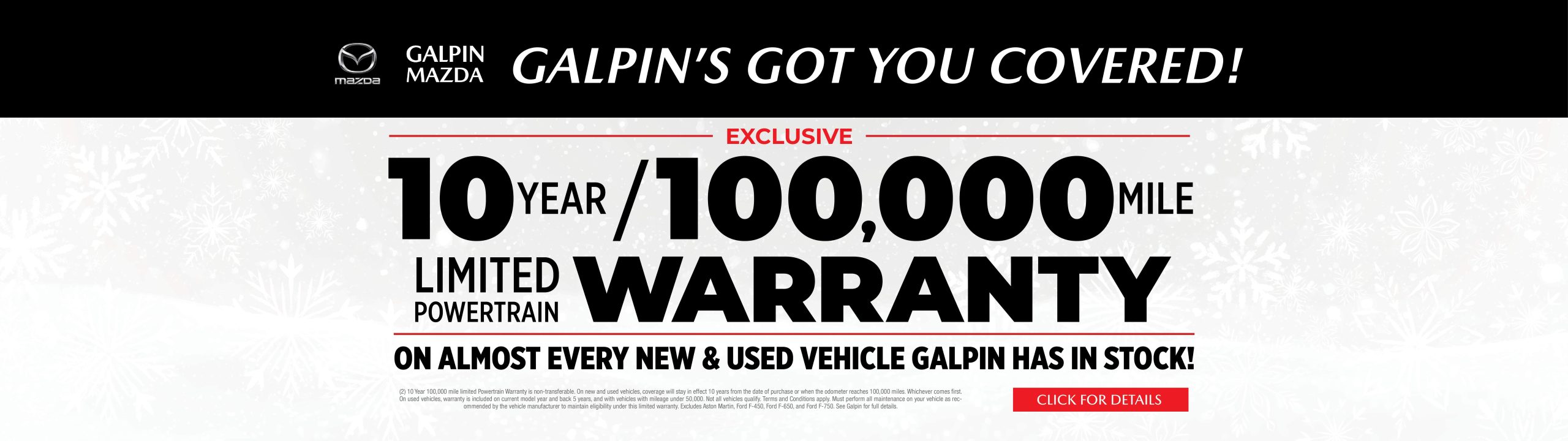 Galpin Mazda warranty banner showing 10-year or 100,000-mile limited powertrain coverage.