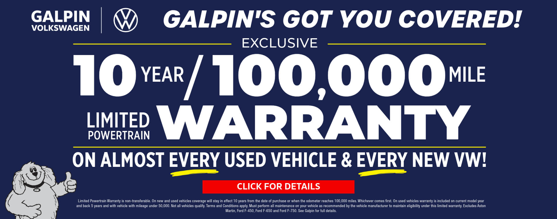 Warranty coverage banner for Galpin VW in bold white and yellow text on dark blue background