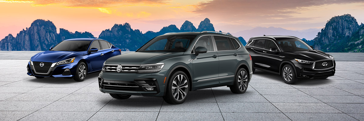 use vehicle line up with colorful mountains in the background